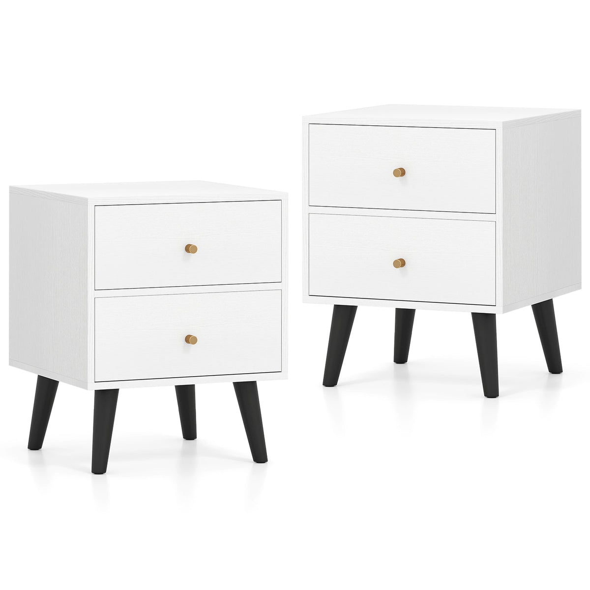 2-Piece Mid-Century Modern Nightstand Set – White with Gold Knobs