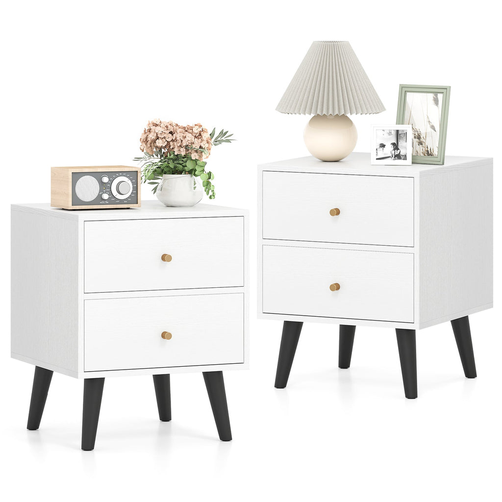 2-Piece Mid-Century Modern Nightstand Set – White with Gold Knobs