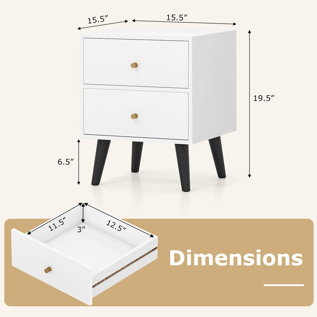 2-Piece Mid-Century Modern Nightstand Set – White with Gold Knobs
