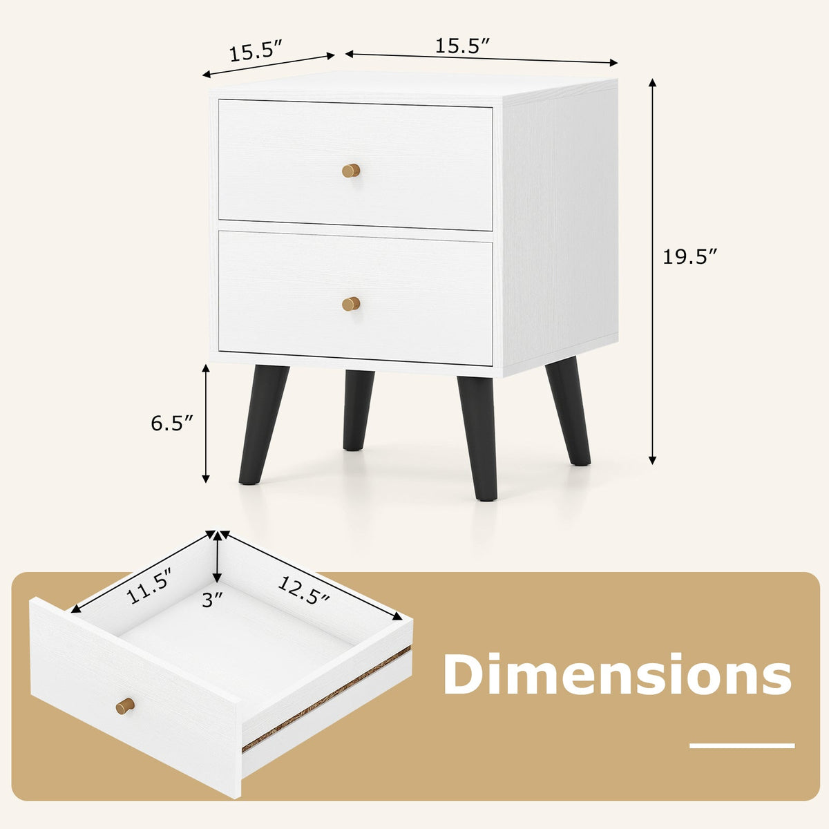 2-Piece Mid-Century Modern Nightstand Set – White with Gold Knobs