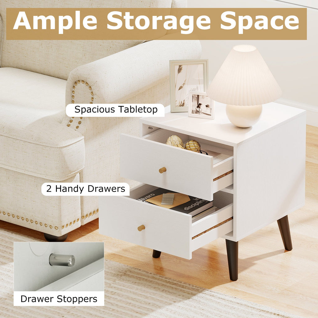 2-Piece Mid-Century Modern Nightstand Set – White with Gold Knobs