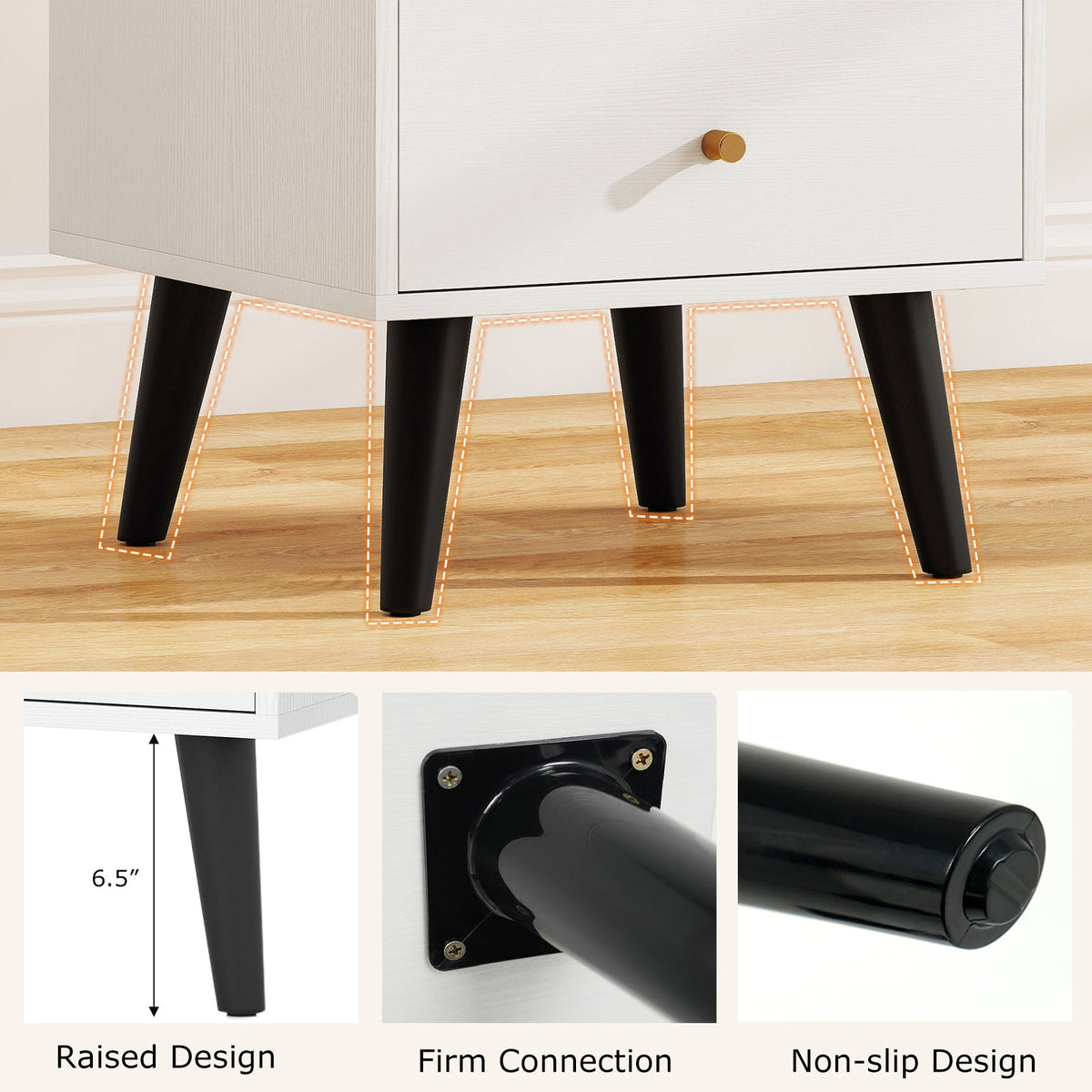 2-Piece Mid-Century Modern Nightstand Set – White with Gold Knobs