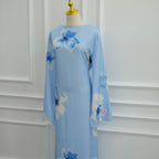 Watercolour Floral Washed-Crinkle Wide-Sleeve Maxi Dress(MS473)