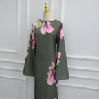 Watercolour Floral Washed-Crinkle Wide-Sleeve Maxi Dress(MS473)