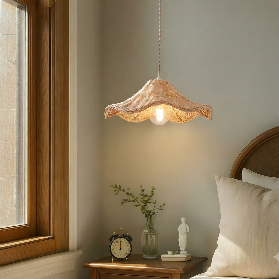 Handwoven Rattan Pendant Light – Wavy Boho Design